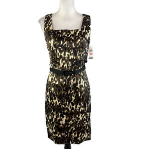 ALYX Dress size 6 Brown Black Leopard Knee Belted Career Church Stretch Straight